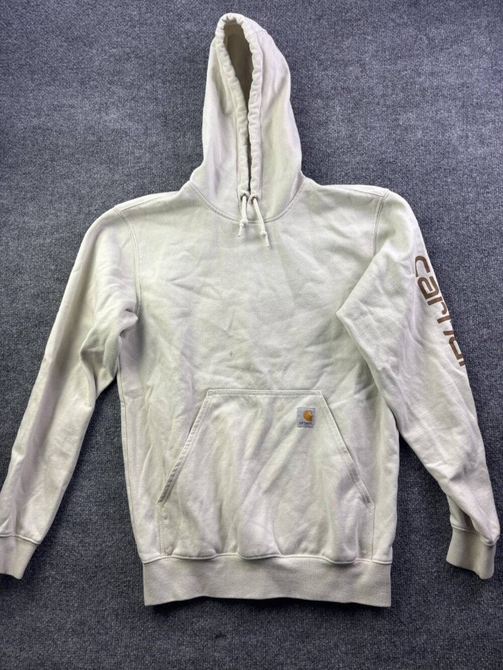 Carhartt Hoodie Mens Small White Pullover Fleece Sweatshirt Logo Sleeve‎ K288